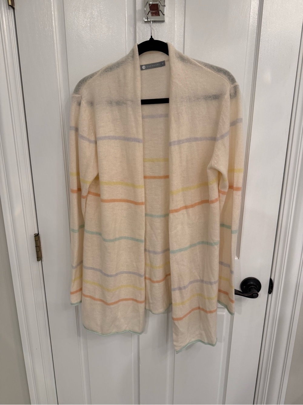InCashmere Cream Open Cardigan with Pastel Stripe Accents